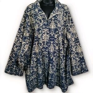 Catherines Button Front Top Plus Size 3X Navy Blue/Beige Damask Print Long Slv